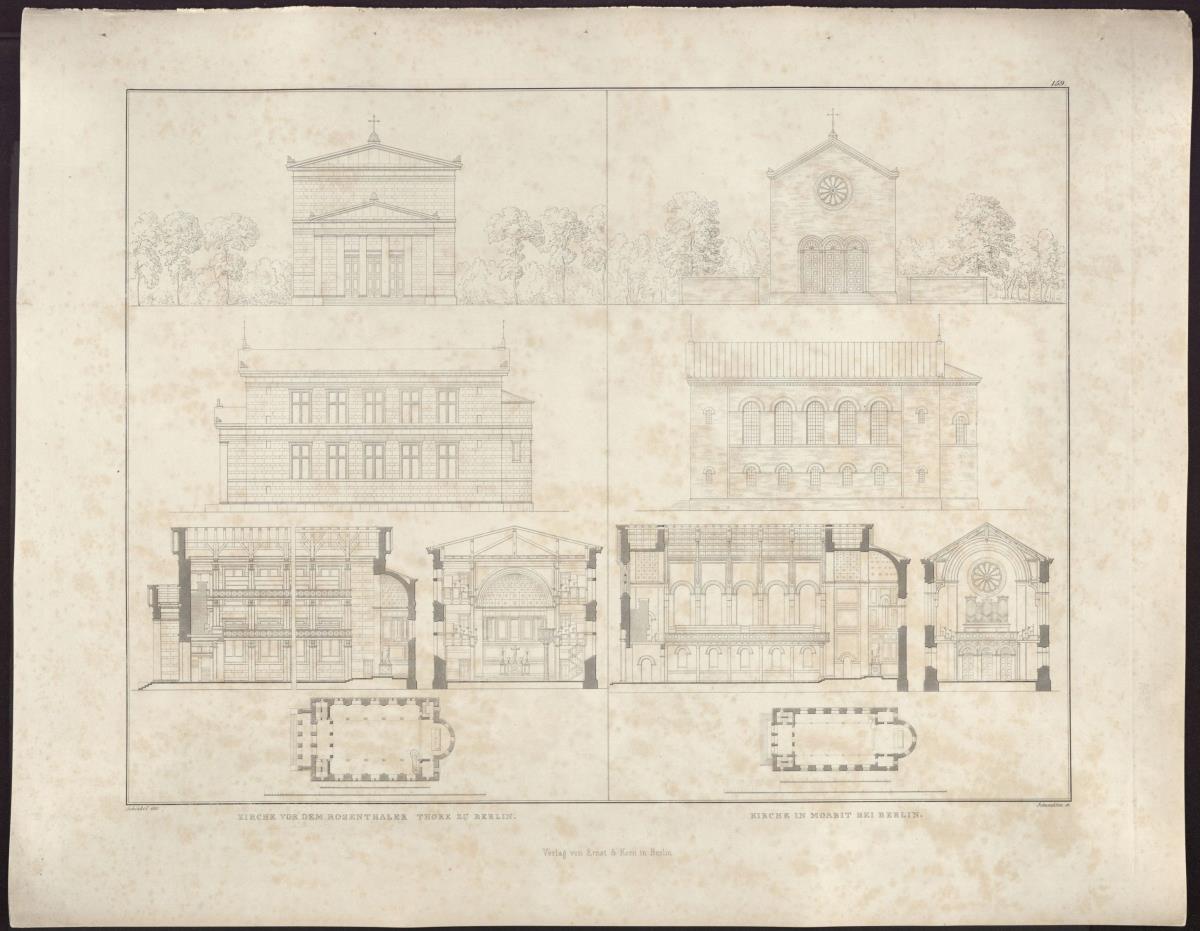 Sammlung architektonischer Entwürfe. Tafel 155 ( = Heft 22, Tafel 161, 1834): Berlin. Die Elisabethkirche vor dem Rosenthaler Tor und St. Johann in Moabit. Ansichten, Schnitte, Risse