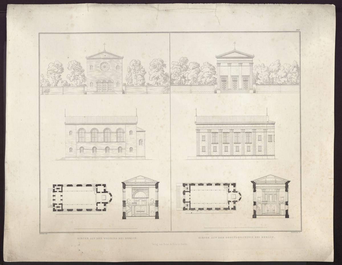 Sammlung architektonischer Entwürfe. Tafel 162 ( = Heft 22, Tafel 138, 1834): Berlin. Kirchen im Wedding und am Gesundbrunnen. Ansichten, Schnitte und Risse