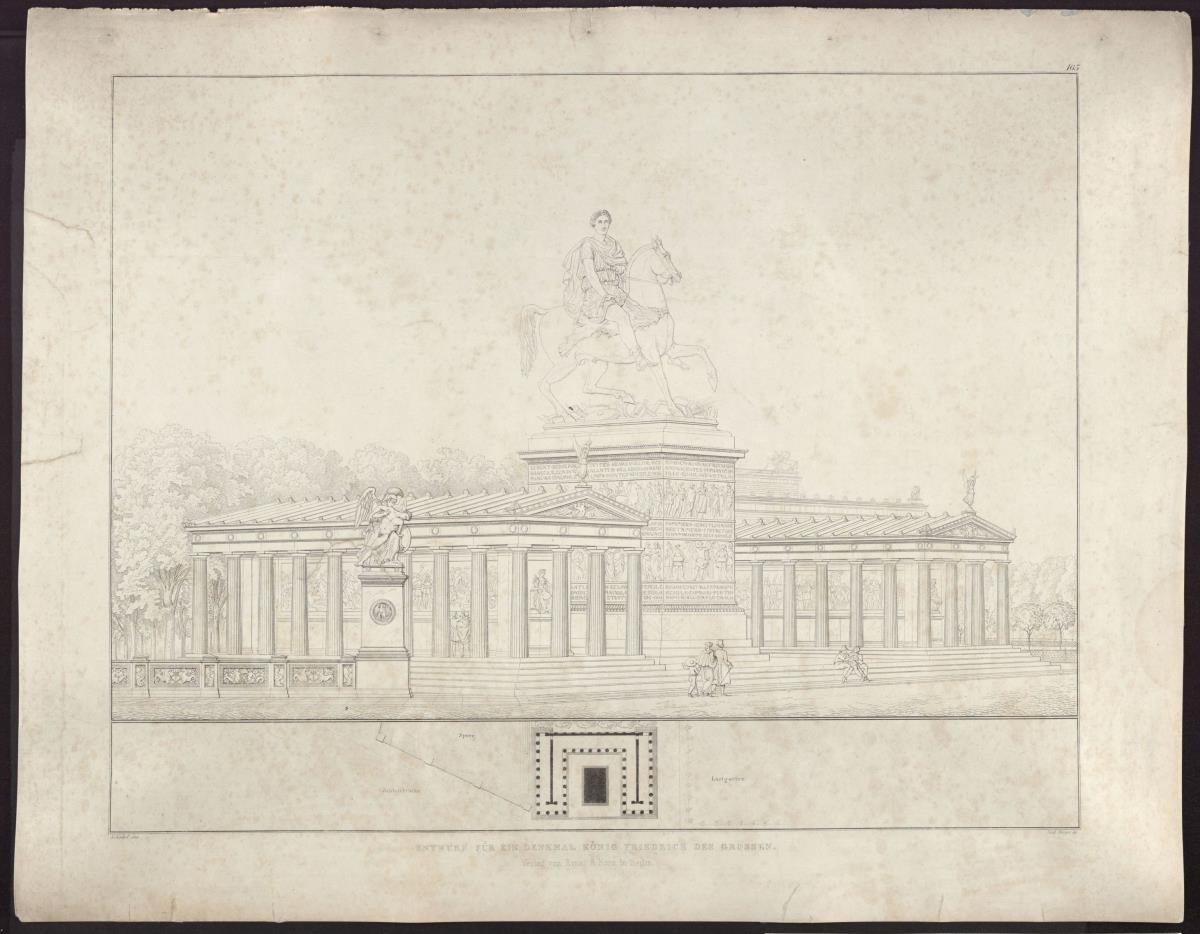 Sammlung architektonischer Entwürfe. Tafel 165 ( = Heft 19, Tafel 117, 1831): Berlin, Unter den Linden. Entwurf für Friedrichsdenkmal. Gedächtnishalle