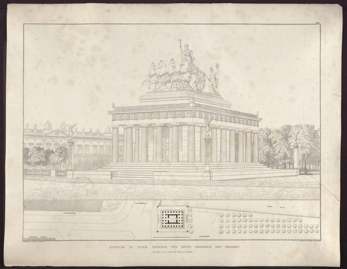 Sammlung architektonischer Entwürfe. Tafel 166 ( = Heft 19, Tafel 118, 1831): Berlin, Unter den Linden. Entwurf für ein Friedrichsdenkmal. Säulenunterbau