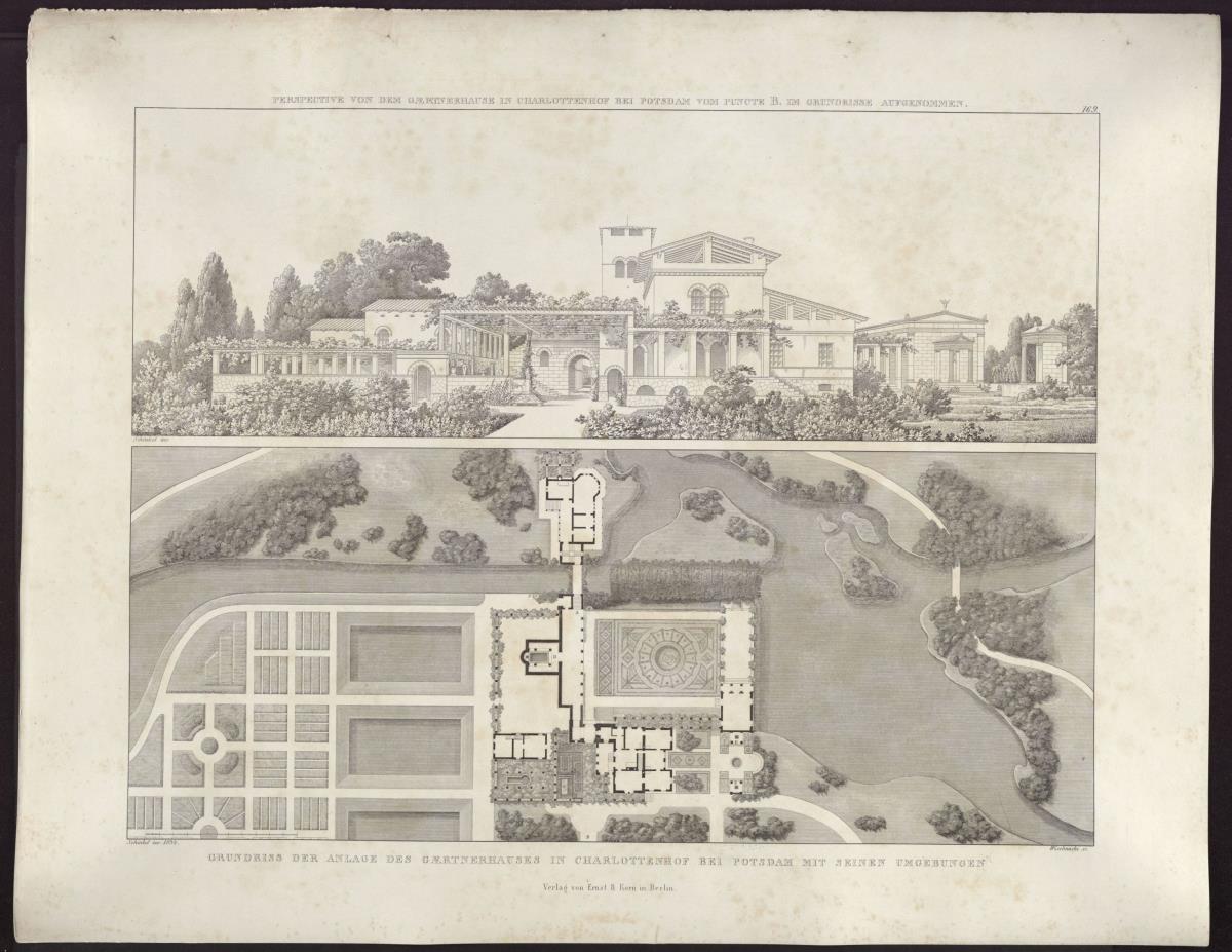 Sammlung architektonischer Entwürfe. Tafel 169 ( = Heft 24, Tafel 145, 1835): Potsdam-Sanssouci. Römische Bäder bei Schloss Charlottenhof. Ansicht von Westen und Grundriss des Gärtnerhauses
