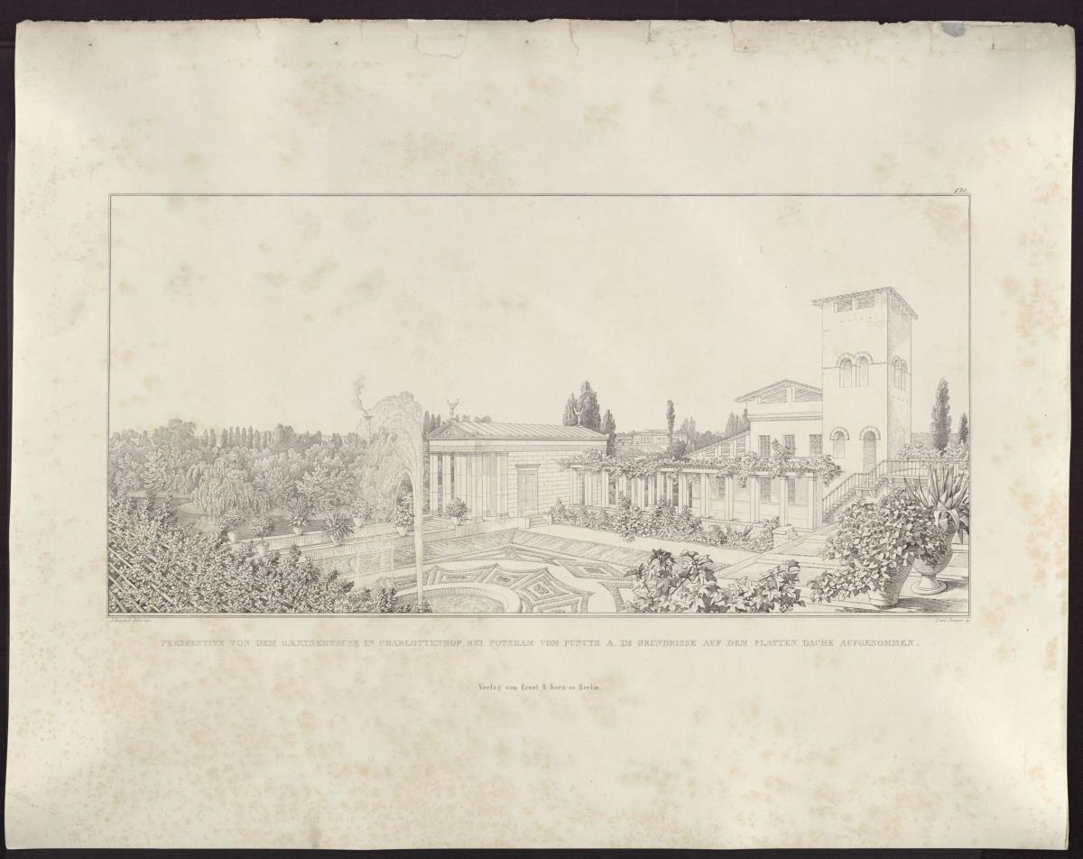 Sammlung architektonischer Entwürfe. Tafel 170 ( = Heft 24, Tafel 146, 1835): Potsdam-Sanssouci. Römische Bäder bei Schloss Charlottenhof, Gärtnerhaus vom Dach des Bades aus gesehen