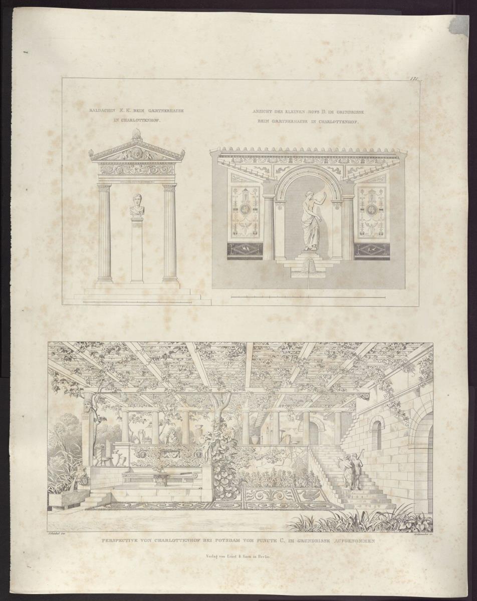 Sammlung architektonischer Entwürfe. Tafel 171 ( = Heft 24, Tafel 147, 1835): Potsdam-Sanssouci. Römische Bäder bei Schloss Charlottenhof. Laube und weitere Details