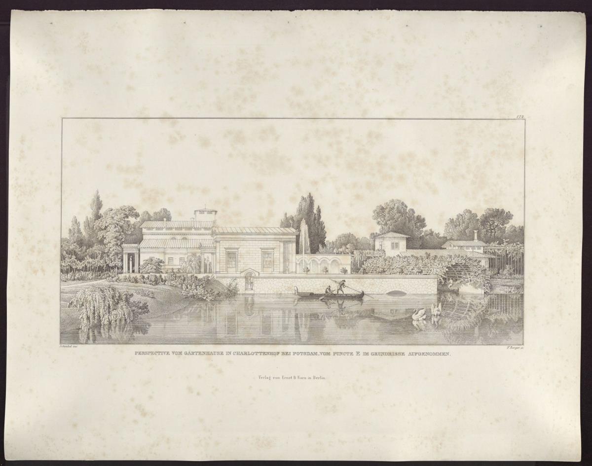Sammlung architektonischer Entwürfe. Tafel 172 ( = Heft 24, Tafel 148, 1835): Potsdam-Sanssouci. Römische Bäder bei Schloss Charlottenhof, Gärtnerhaus von der Wasserseite