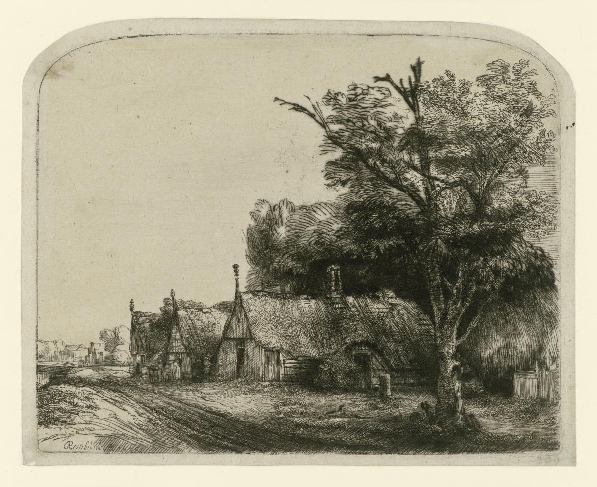 Landschaft mit drei Giebelhütten an einer Straße