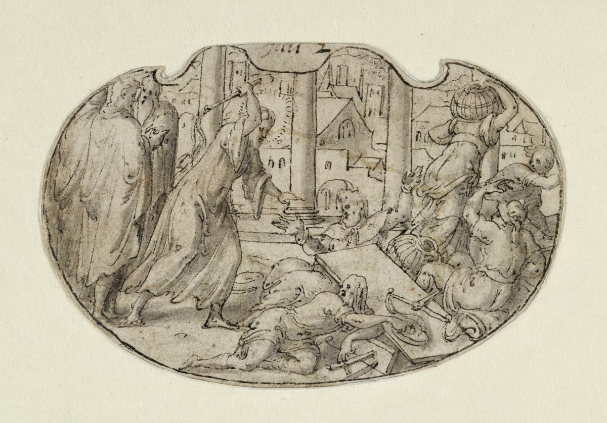 Jesus vertreibt die Händler aus dem Tempel (Bildfeld in einer ovalen Kartusche)