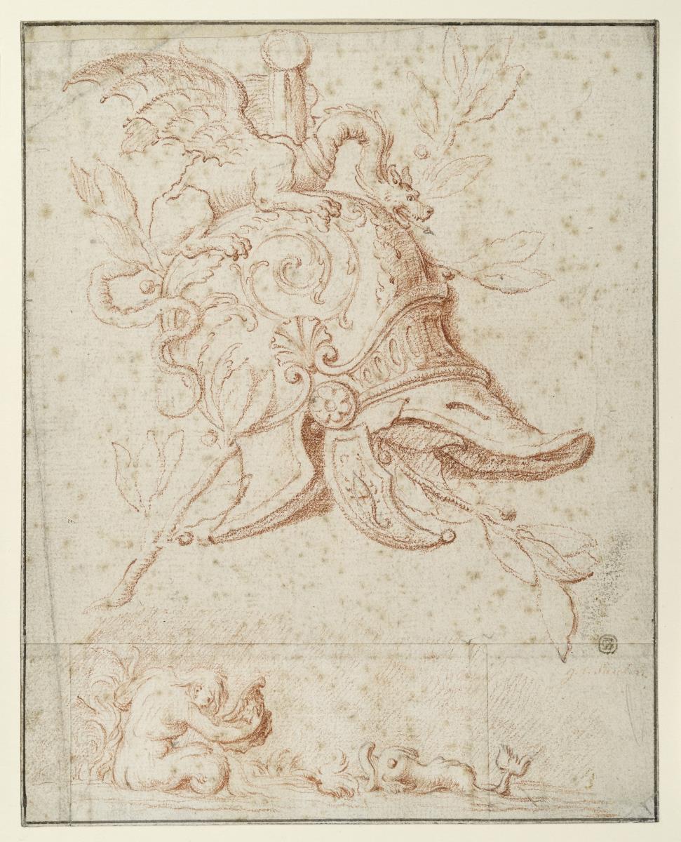 Trophäenstück: Helm mit Drachen und Lorbeer, darunter Triton und Delphin