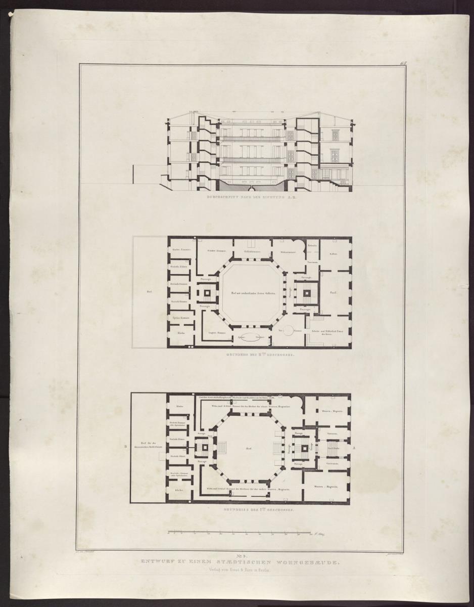 Sammlung architektonischer Entwürfe. Tafel 65 ( = Heft 9, Tafel 59, 1826): Wohnhausentwurf Nr. 3. Zwei Grundrisse und Schnitt