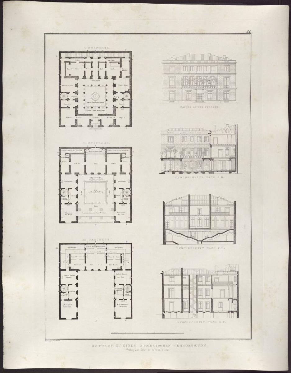 Sammlung architektonischer Entwürfe. Tafel 68 ( = Heft 10, Tafel 62, 1826): Wohnhausentwurf. Grundrisse, Vorderansicht und Schnitte