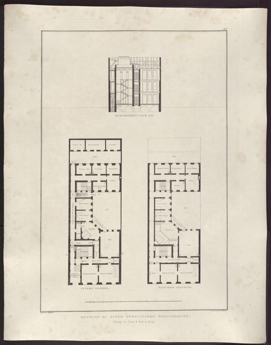 Sammlung architektonischer Entwürfe. Tafel 70 ( = Heft 10, Tafel 64, 1826): Wohnhausentwurf. Zwei Grundrisse und Schnitt