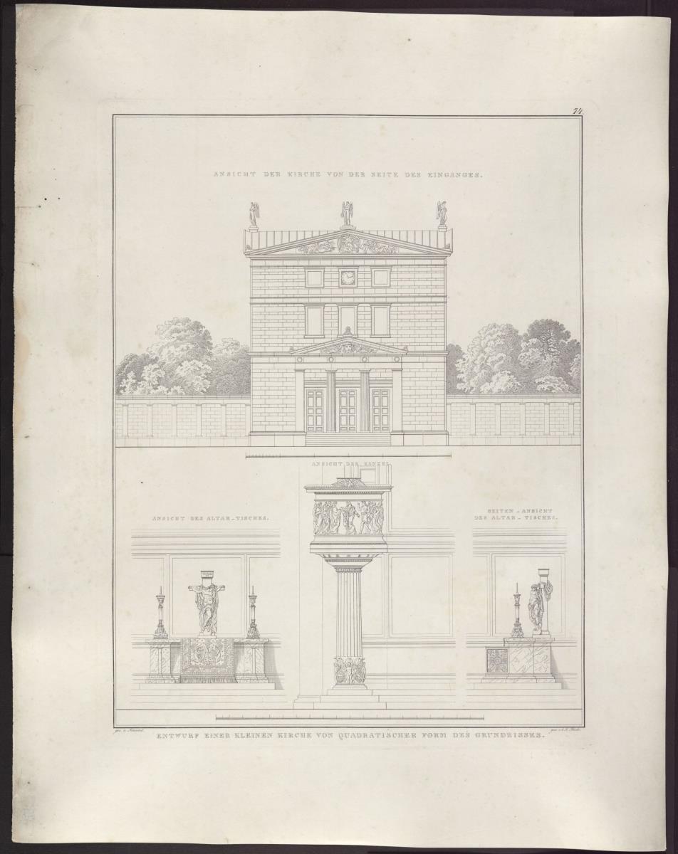 Sammlung architektonischer Entwürfe. Tafel 74 ( = Heft 11, Tafel 68, 1826): Entwurf  zu einer Kirche ohne Turm mit dorischer Vorhalle, mit sich kreuzenden niedrigen Pultdächern und Giebelbekrönungen. Ansicht und Altar