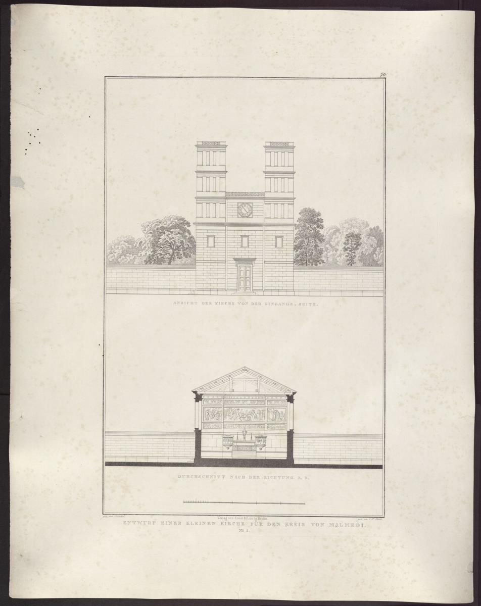 Sammlung architektonischer Entwürfe. Tafel 76 ( = Heft 11, Tafel 70, 1826): Malmedy. Entwurf zu einer Kirche. Vorderansicht und Querschnitt