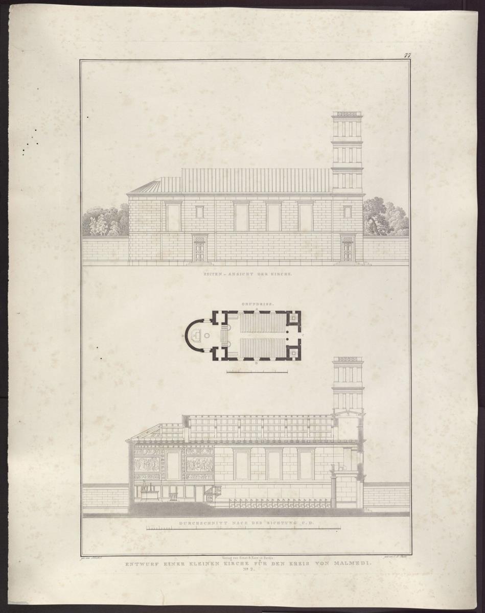 Sammlung architektonischer Entwürfe. Tafel 77 ( = Heft 11, Tafel 71, 1826): Malmedy. Entwurf zu einer Kirche. Seitenansicht und Längsschnitt
