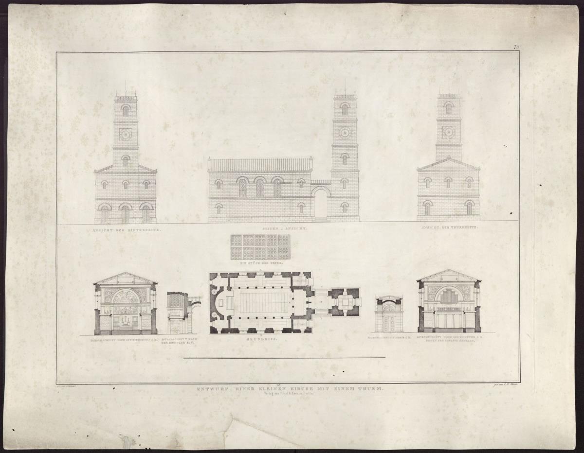 Sammlung architektonischer Entwürfe. Tafel 78 ( = Heft 11, Tafel 72, 1826): Entwurf zu einer Kirche mit getrenntem Turm. Ansichten, Risse und Schnitte