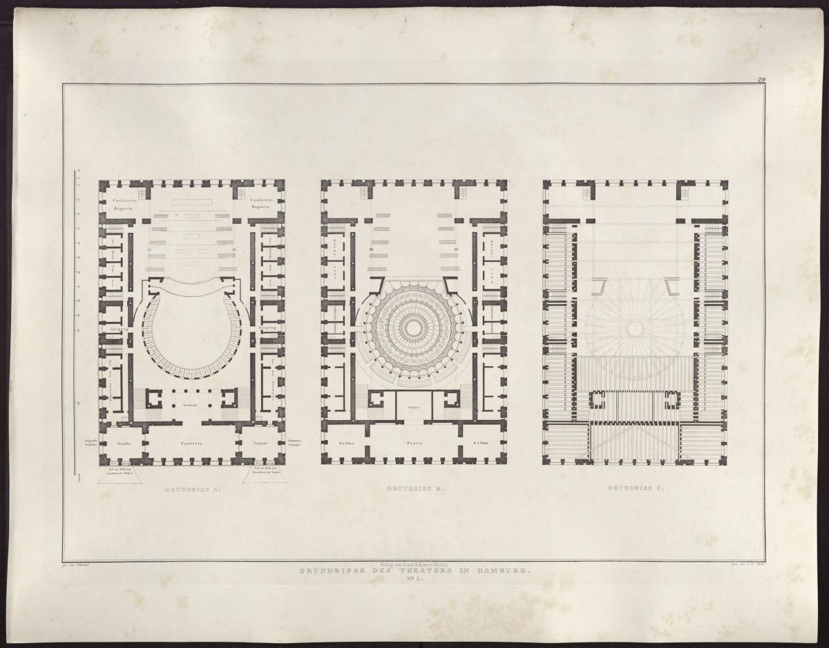 Sammlung architektonischer Entwürfe. Tafel 79 ( = Heft 12, Tafel 73, 1828): Hamburg. Theater. Grundrisse