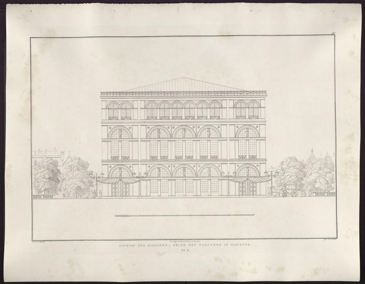 Sammlung architektonischer Entwürfe. Tafel 80 ( = Heft 12, Tafel 74, 1828): Hamburg. Theater. Vorderansicht