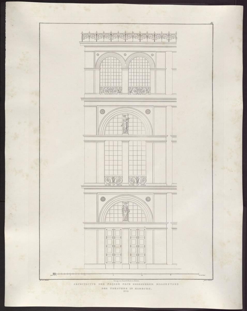 Sammlung architektonischer Entwürfe. Tafel 81 ( = Heft 12, Tafel 75, 1828): Hamburg. Theater. Detail des Äußeren
