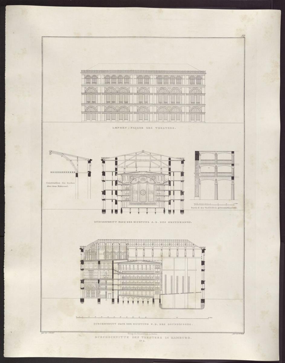Sammlung architektonischer Entwürfe. Tafel 82 ( = Heft 12, Tafel 76, 1828): Hamburg. Theater. Quer- und Längsschnitte, Seitenansicht