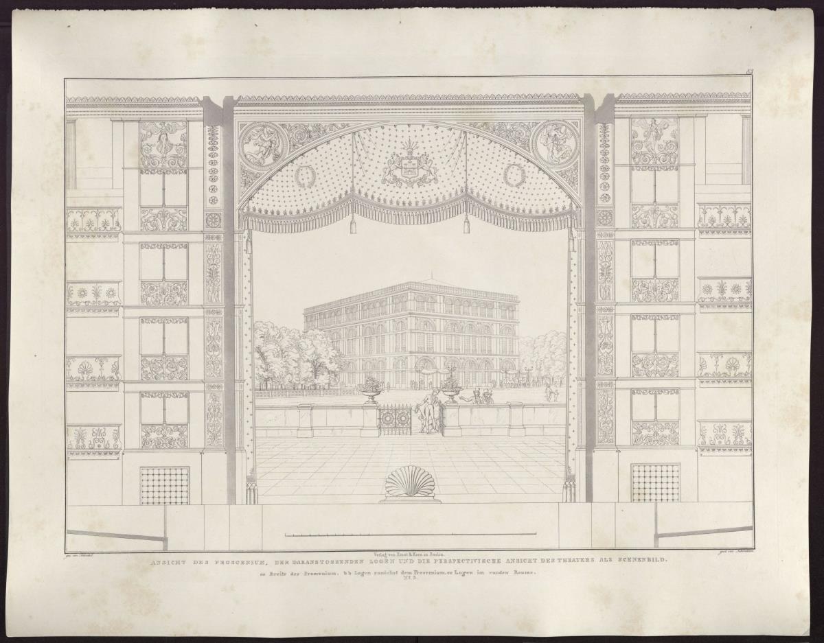 Sammlung architektonischer Entwürfe. Tafel 83 ( = Heft 12, Tafel 77, 1828): Hamburg. Theater. Perspektivische Ansicht mit Proszenium, Logen und Vorhang