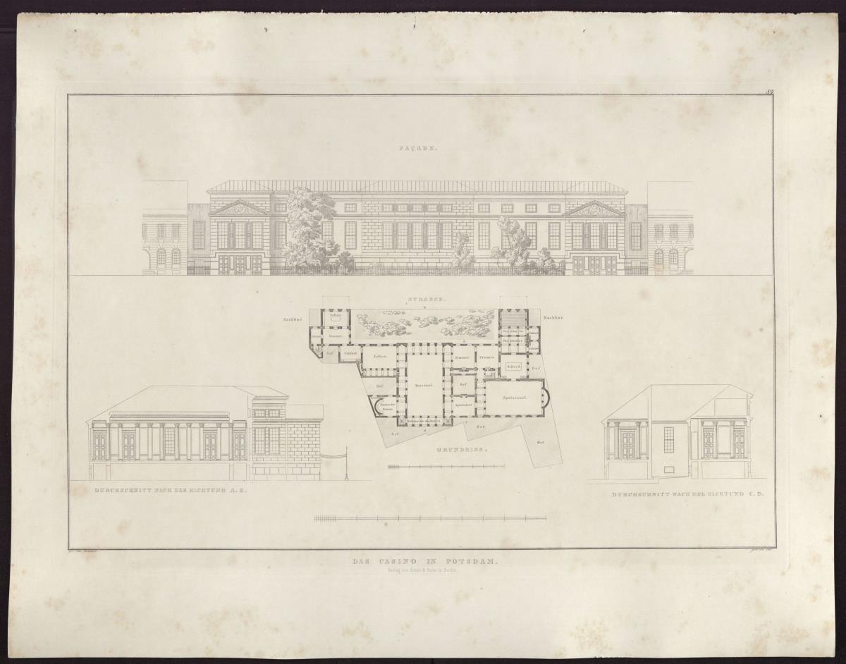 Sammlung architektonischer Entwürfe. Tafel 84 ( = Heft 12, Tafel 78, 1828): Potsdam. Zivilcasino. Grundriss, Aufriss und Schnitte