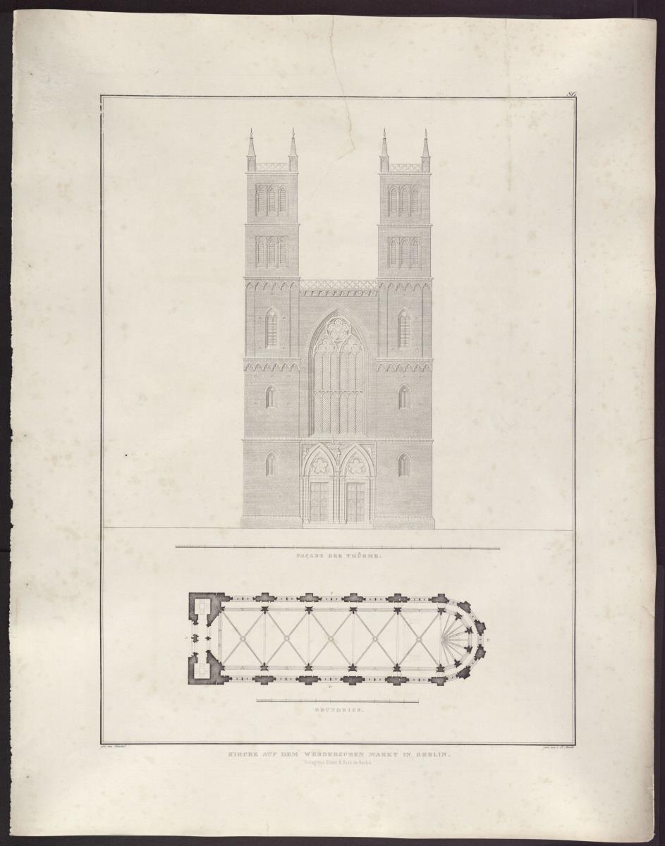 Sammlung architektonischer Entwürfe. Tafel 86 ( = Heft 13, Tafel 80, 1829): Berlin. Friedrichswerdersche Kirche. Ausgeführter Entwurf. Aufriss und Grundriss