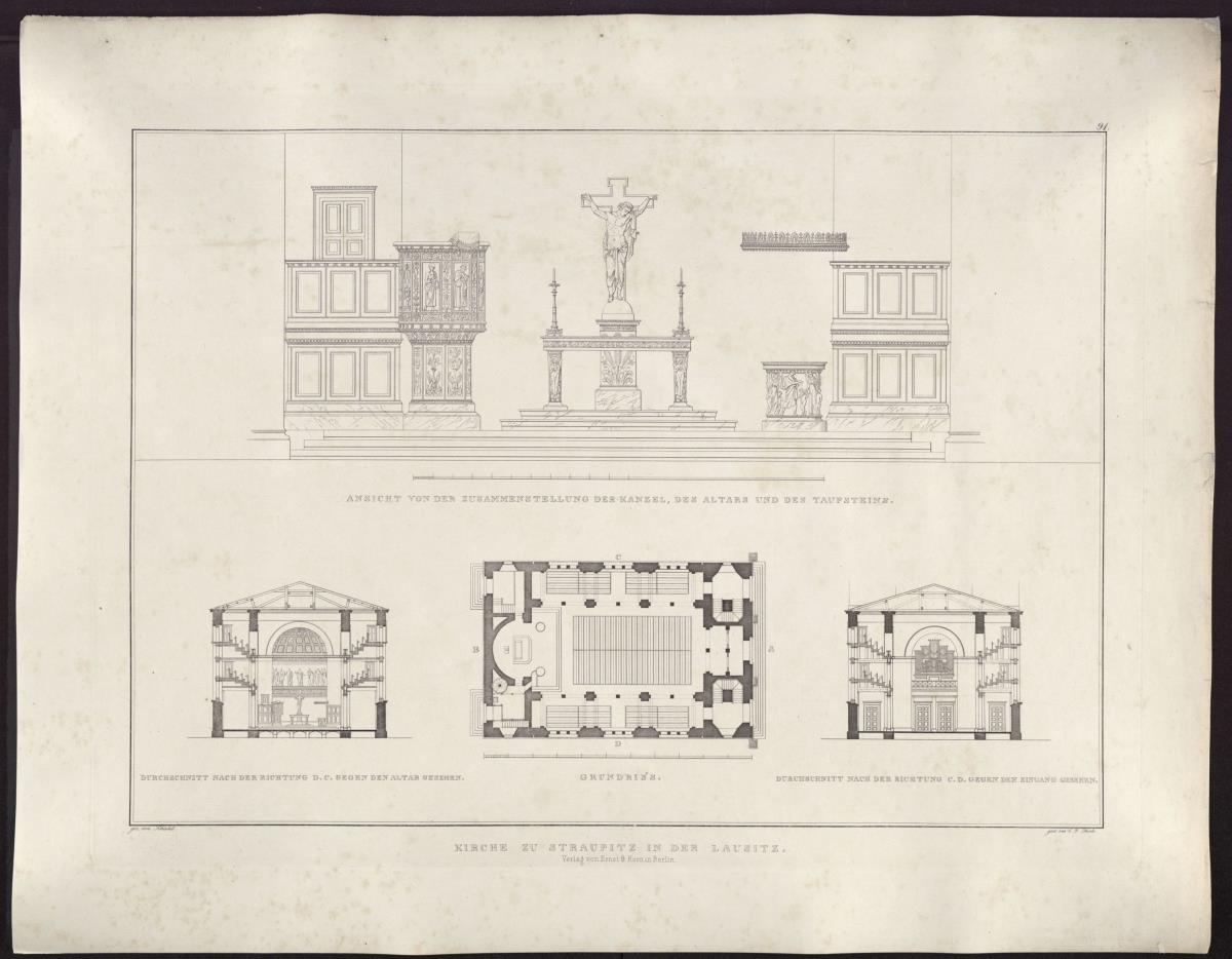 Sammlung architektonischer Entwürfe. Tafel 91 ( = Heft 14, Tafel 85, 1829): Straupitz. Entwurf zur einer Kirche. Kanzel, Altar und Taufstein, Querschnitte und Grundriss