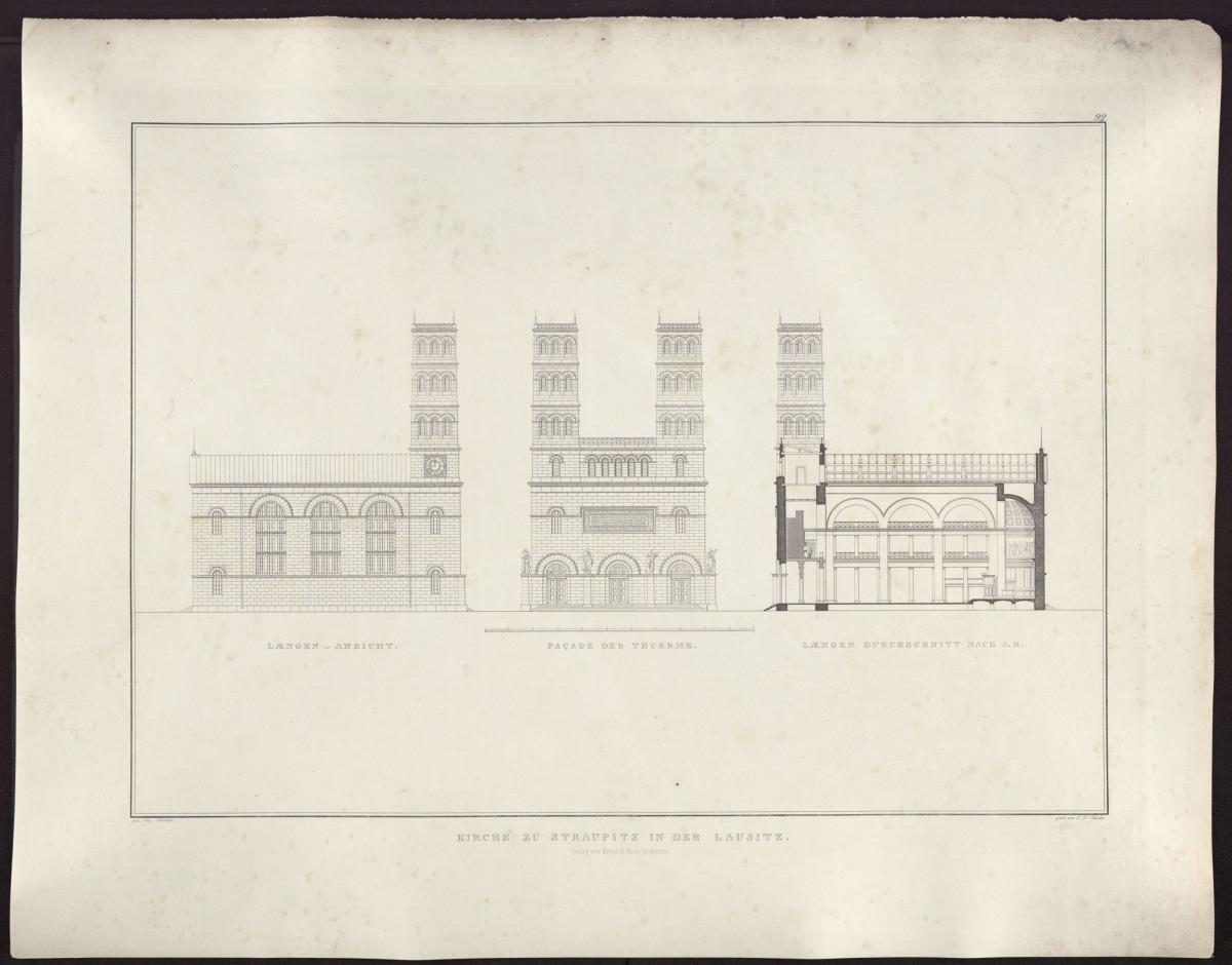Sammlung architektonischer Entwürfe. Tafel 92 ( = Heft 14, Tafel 86, 1829): Straupitz. Entwurf zur einer Kirche. Längsansicht, Längsschnitt und Fassade