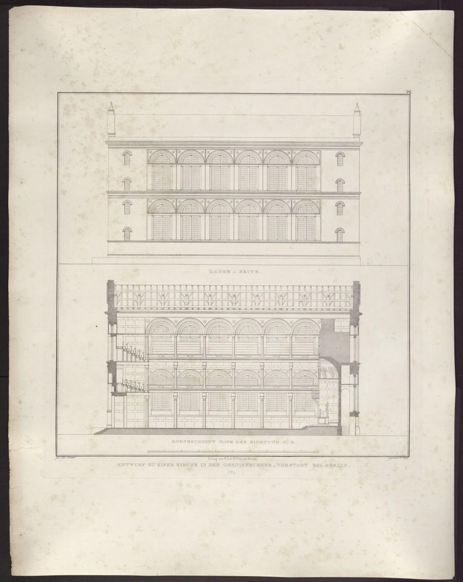 Sammlung architektonischer Entwürfe. Tafel 94 ( = Heft 14, Tafel 88, 1829): Berlin, Oranienburger Vorstadt. Entwurf zu einer Kirche (Vorstadtkirche Typ 1, "Kirche im Rechteck"). Längsansicht und Längsschnitt