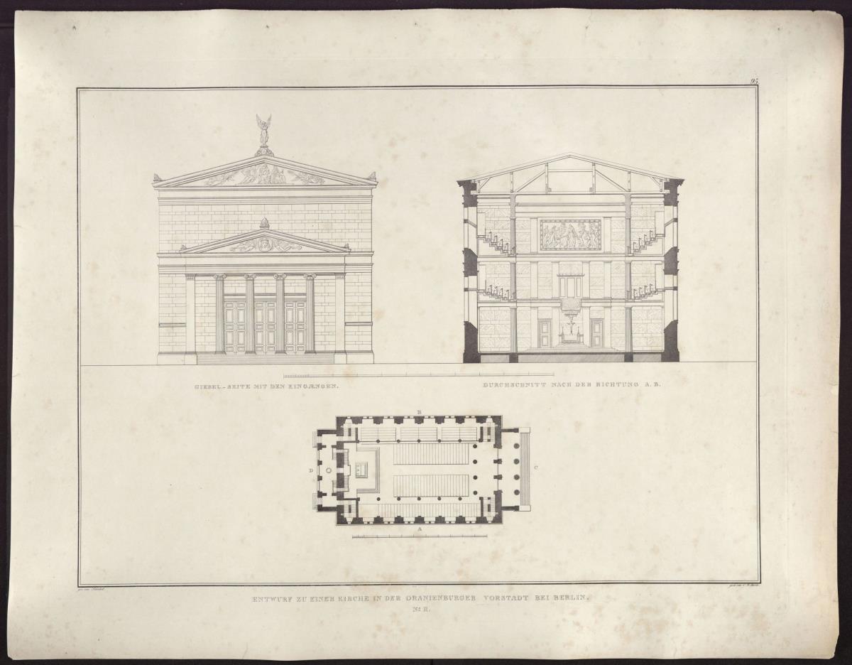 Sammlung architektonischer Entwürfe. Tafel 95 ( = Heft 14, Tafel 89, 1829): Berlin, Oranienburger Vorstadt. Entwurf zu einer Kirche. (Vorstadtkirche Typ 2, "Kirche mit Vorhalle"). Risse und Schnitt