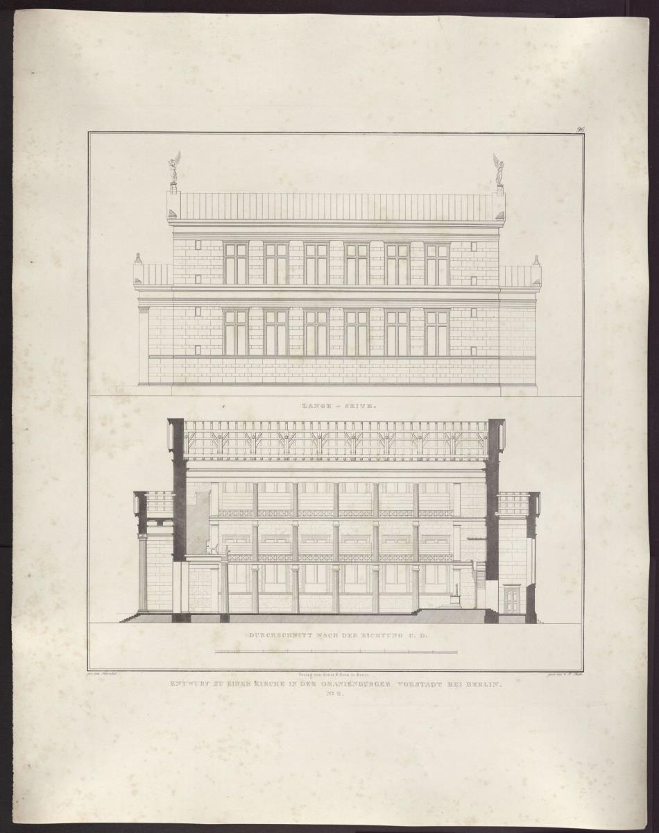 Sammlung architektonischer Entwürfe. Tafel 96 ( = Heft 14, Tafel 90, 1829): Berlin, Oranienburger Vorstadt. Entwurf zu einer Kirche. (Vorstadtkirche Typ 2, "Kirche mit Vorhalle"). Riss der Längsseite und Längsschnitt