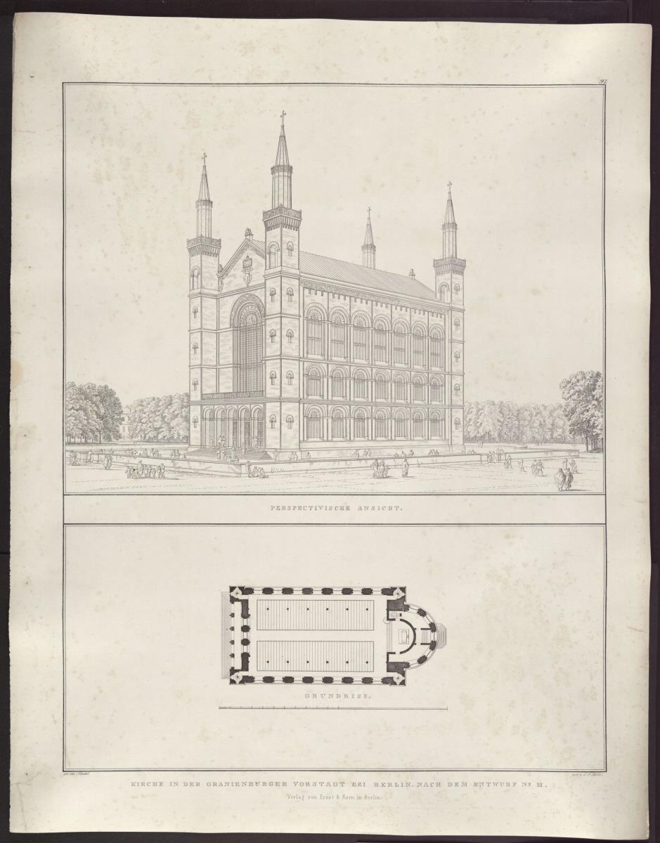Sammlung architektonischer Entwürfe. Tafel 97 ( = Heft 15, Tafel 91, 1829): Berlin, Oranienburger Vorstadt. Entwurf zu einer Kirche (Vorstadtkirche Typ 3, "Kirche mit vier Türmen"). Perspektivische Ansicht und Grundriss