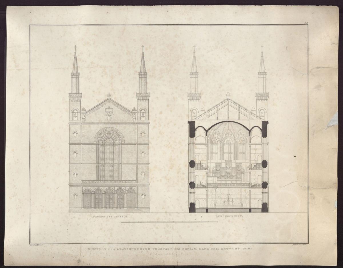 Sammlung architektonischer Entwürfe. Tafel 98 ( = Heft 15, Tafel 92, 1829): Berlin, Oranienburger Vorstadt. Entwurf zu einer Kirche (Vorstadtkirche Typ 3, "Kirche mit vier Türmen"). Aufriss der Fassade und Querschnitt