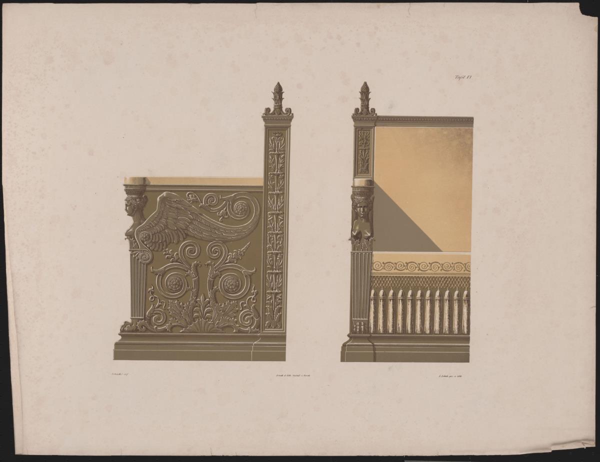 Tafel 6: Ansichten eines vergoldeten Sofas / Berlin, Wilhelmplatz. Palais des Prinzen Karl von Preußen. Entwurf zum Ecksofafür das Empfangszimmer
