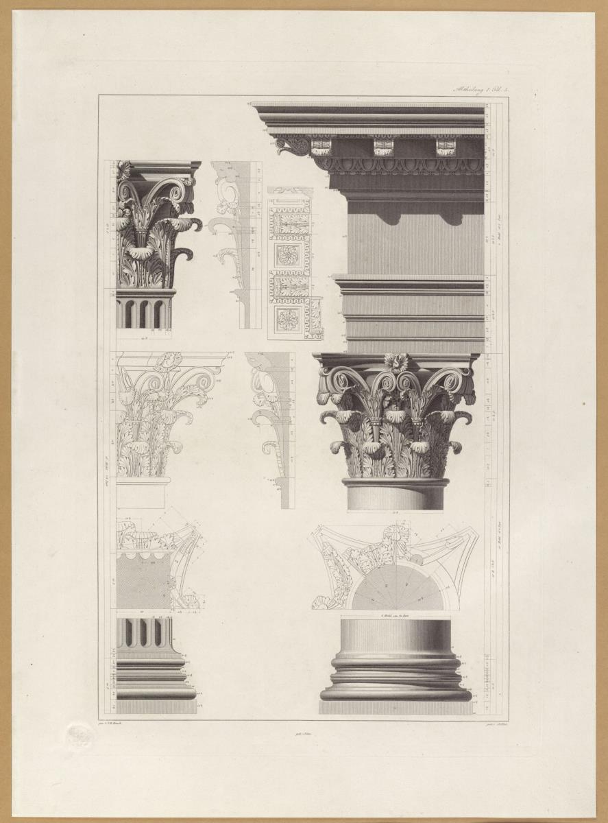 Vorbilder für Fabrikanten und Handwerker. Teil 1, Abteilung 1, Blatt 5: Korinthische Ordnung des Portikus am Pantheaon des Agrippa mit Konstruktionsdetails