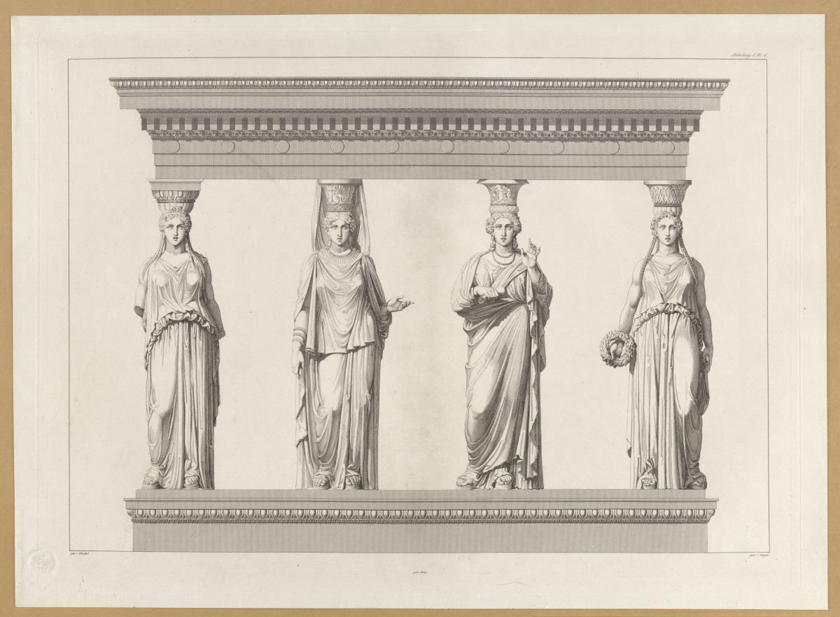 Vorbilder für Fabrikanten und Handwerker. Teil 1, Abteilung 1, Blatt 6: Architrav und Gesimse des Pandroseion mit vier Karyatiden verschiedener antiker Bauwerke