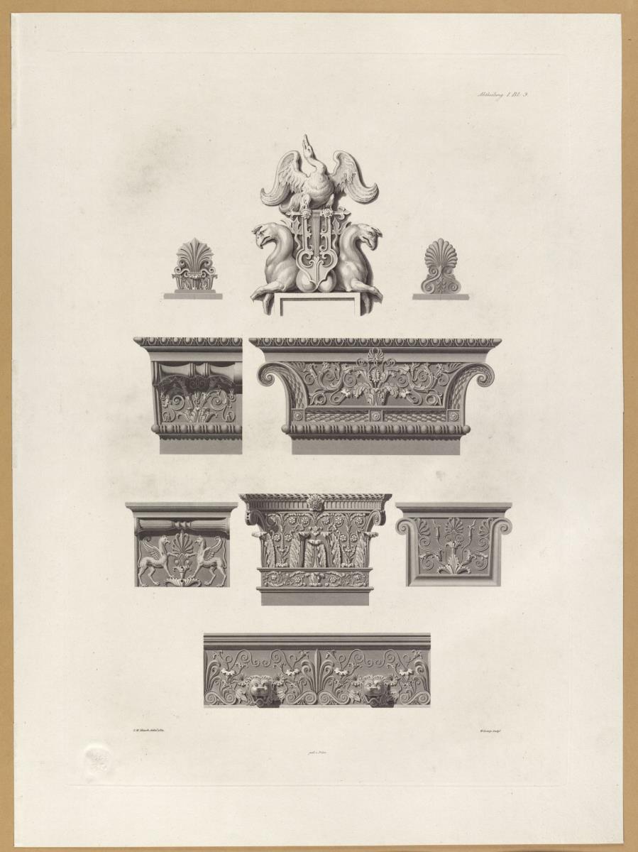 Vorbilder für Fabrikanten und Handwerker. Teil 1, Abteilung 1, Blatt 9: Wandmalereien, Dachziegel und Pilasterkapitelle antiker Bauwerke