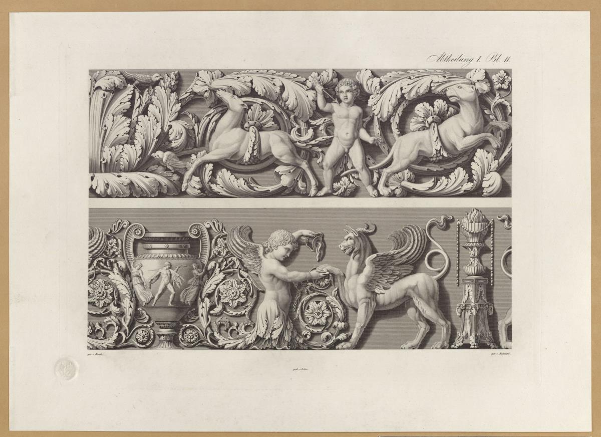 Vorbilder für Fabrikanten und Handwerker. Teil 1, Abteilung 1, Blatt 11: Figürlich belebte Marmorreliefs antiker Bauwerke