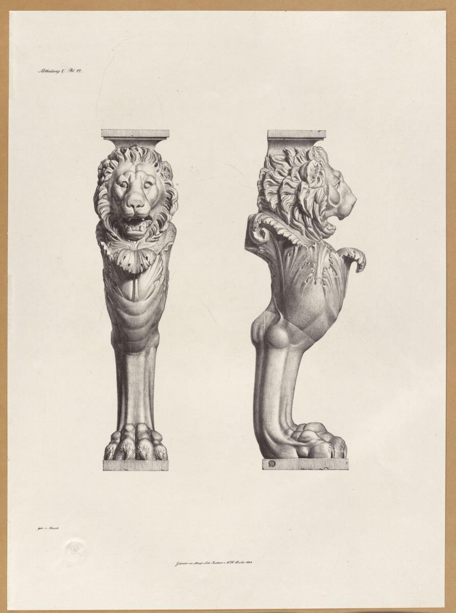 Vorbilder für Fabrikanten und Handwerker. Teil 1, Abteilung 1, Blatt 22: Löwenfuß aus den Vatikanischen Museen in Vorder- und Seitenansicht