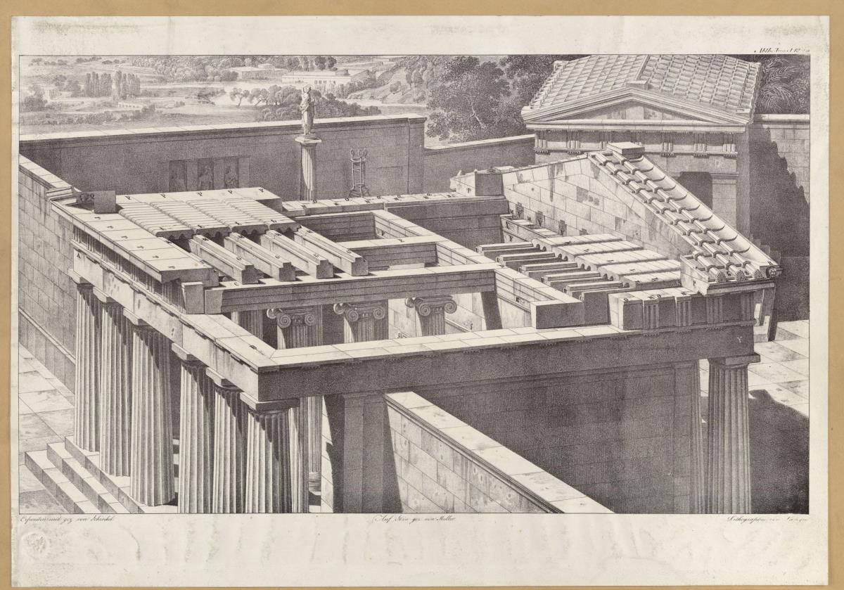 Vorbilder für Fabrikanten und Handwerker. Teil 1, Abteilung 1, Blatt 2a: Steinkonstruktion des Gesims- und Deckenwerks bei den Propyläen zu Eleusis