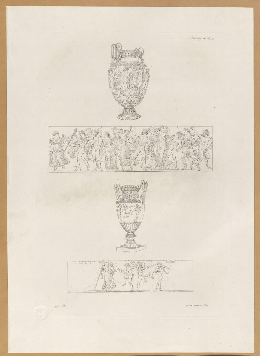 Vorbilder für Fabrikanten und Handwerker. Teil 1, Abteilung 2, Blatt 13: Marmorvase aus der Sammlung Hamilton im British Museum mit Reliefabwicklung und antike Marmorvase mit zeitgenössischen Ergänzungen im antiken Stil mit Reliefabwicklung