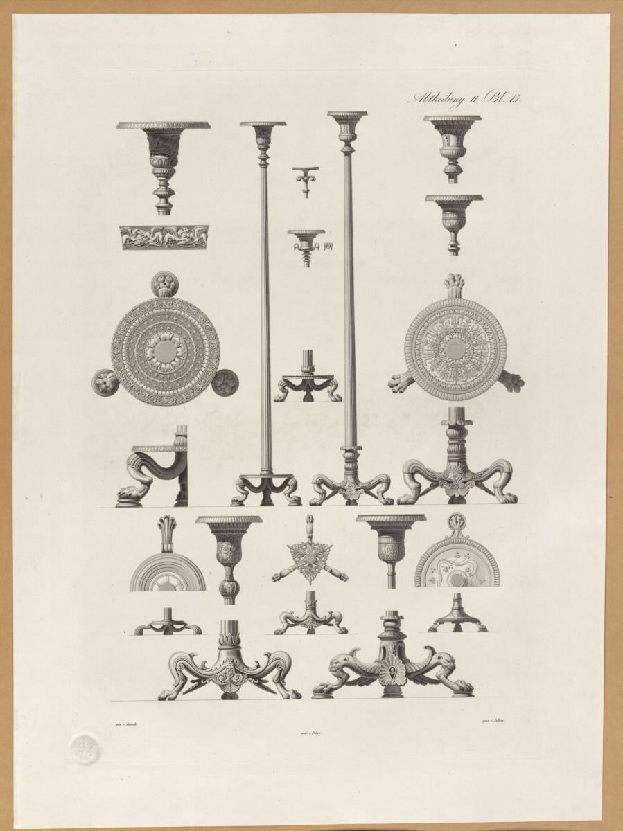 Vorbilder für Fabrikanten und Handwerker. Teil 1, Abteilung 2, Blatt 15: Kandelaber aus Bronze aus Herculaneum im Museum in Portici mit zahlreichen Details