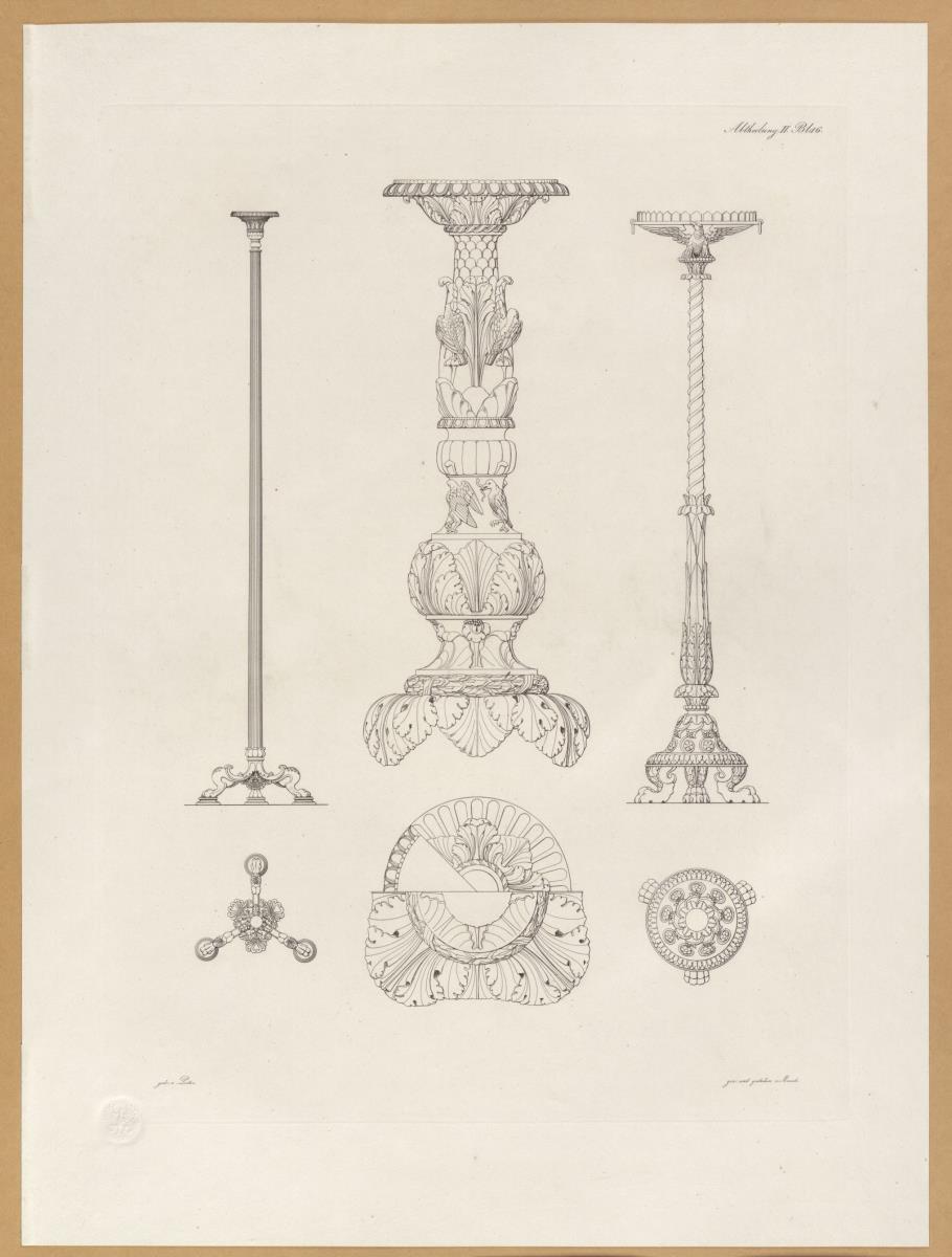 Vorbilder für Fabrikanten und Handwerker. Teil 1, Abteilung 2, Blatt 16: Zwei Kandelaber aus Bronze aus Herculaneum und das Bruchstück eines antiken Kandelabers im Museum von Portici in Seiten- und Aufsicht