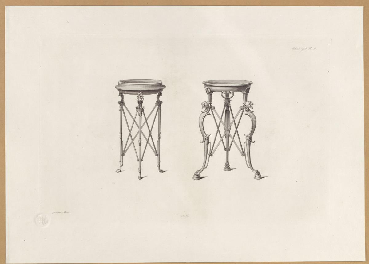 Vorbilder für Fabrikanten und Handwerker. Teil 1, Abteilung 2, Blatt 19: Zwei Dreifüße aus Bronze aus Herculaneum und Pompeji im Museum in Neapel