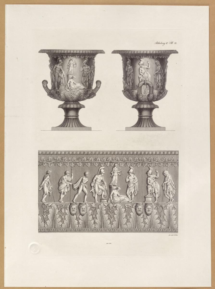 Vorbilder für Fabrikanten und Handwerker. Teil 1, Abteilung 2, Blatt 22: Marmorvase aus der Villa Medici, sog. Medici Vase, mit Reliefabwicklung