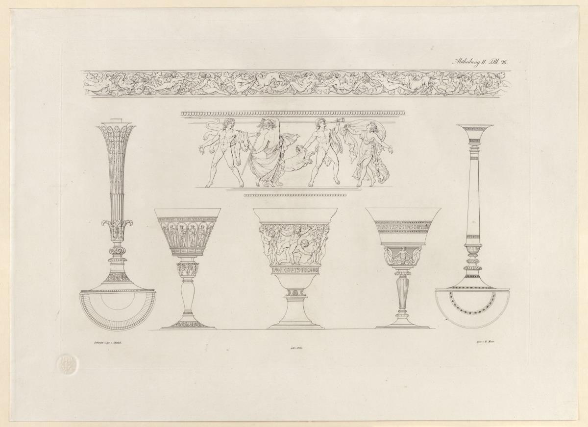 Vorbilder für Fabrikanten und Handwerker. Teil 1, Abteilung 2, Blatt 26: Entwurf für zwei Leuchter, zwei Friese und drei Pokale, zur Ausführung in Silber, Kupfer oder Bronze