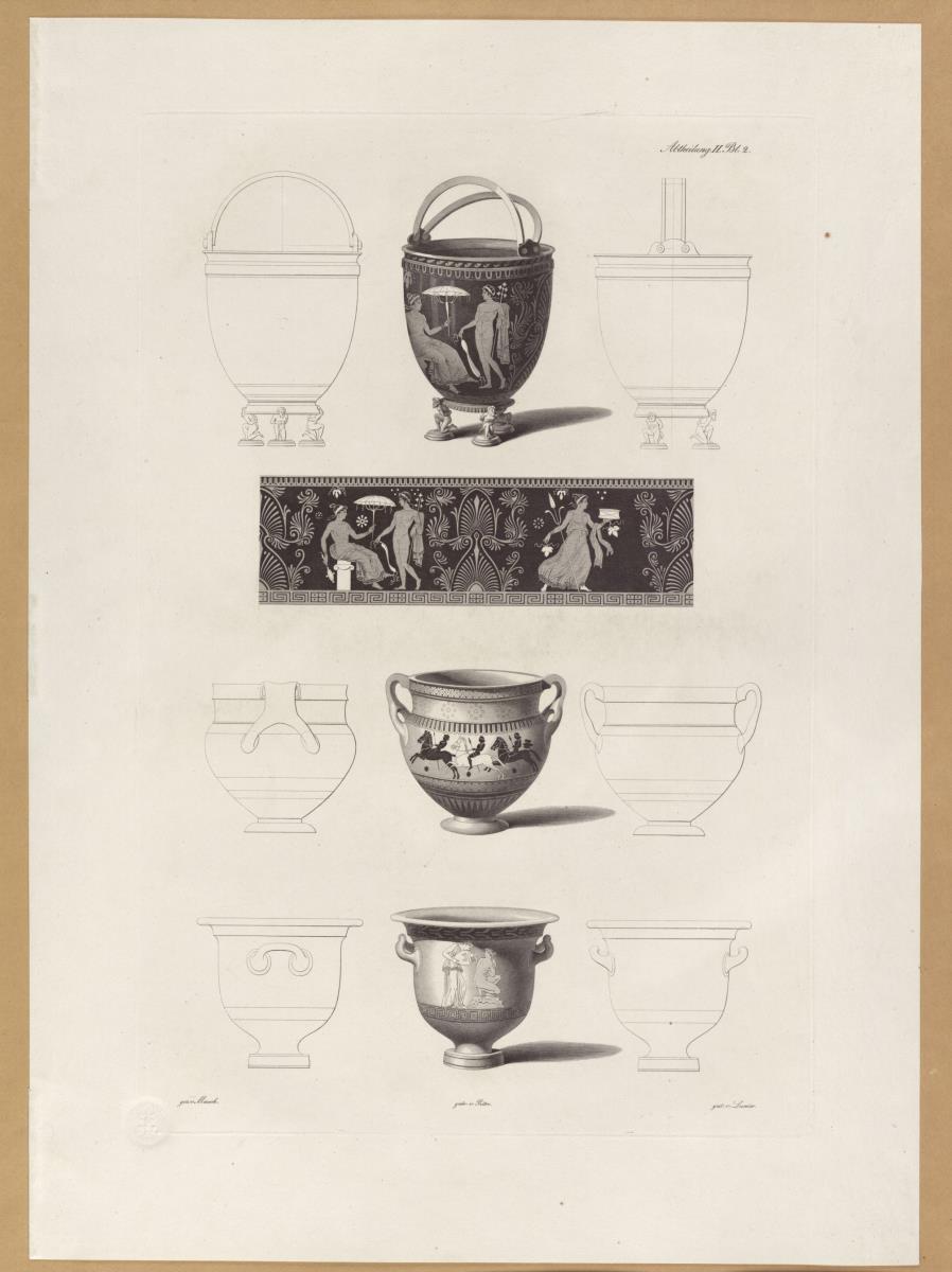 Vorbilder für Fabrikanten und Handwerker. Teil 1, Abteilung 2, Blatt 2: Drei keramische Gefäße aus dem British Museum
