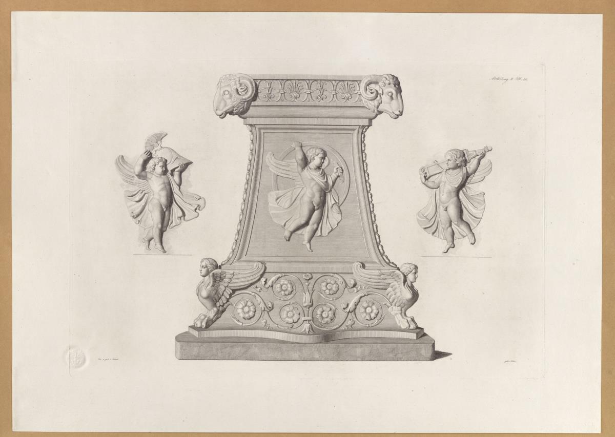 Vorbilder für Fabrikanten und Handwerker. Teil 1, Abteilung 2, Blatt 30: Antiker Altar, vermutlich für den Gott Mars, Exemplare im British Museum, dem Pariser Louvre und den Vatikanischen Museen