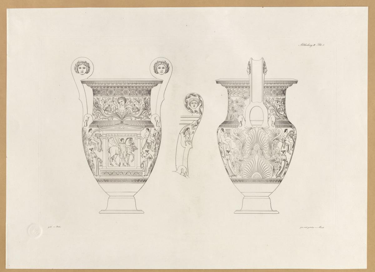 Vorbilder für Fabrikanten und Handwerker. Teil 1, Abteilung 2, Blatt 5: Griechische keramische Vase aus der Sammlung Hamilton im British Museum in Vorder- und Seitenansicht mit Henkeldetail