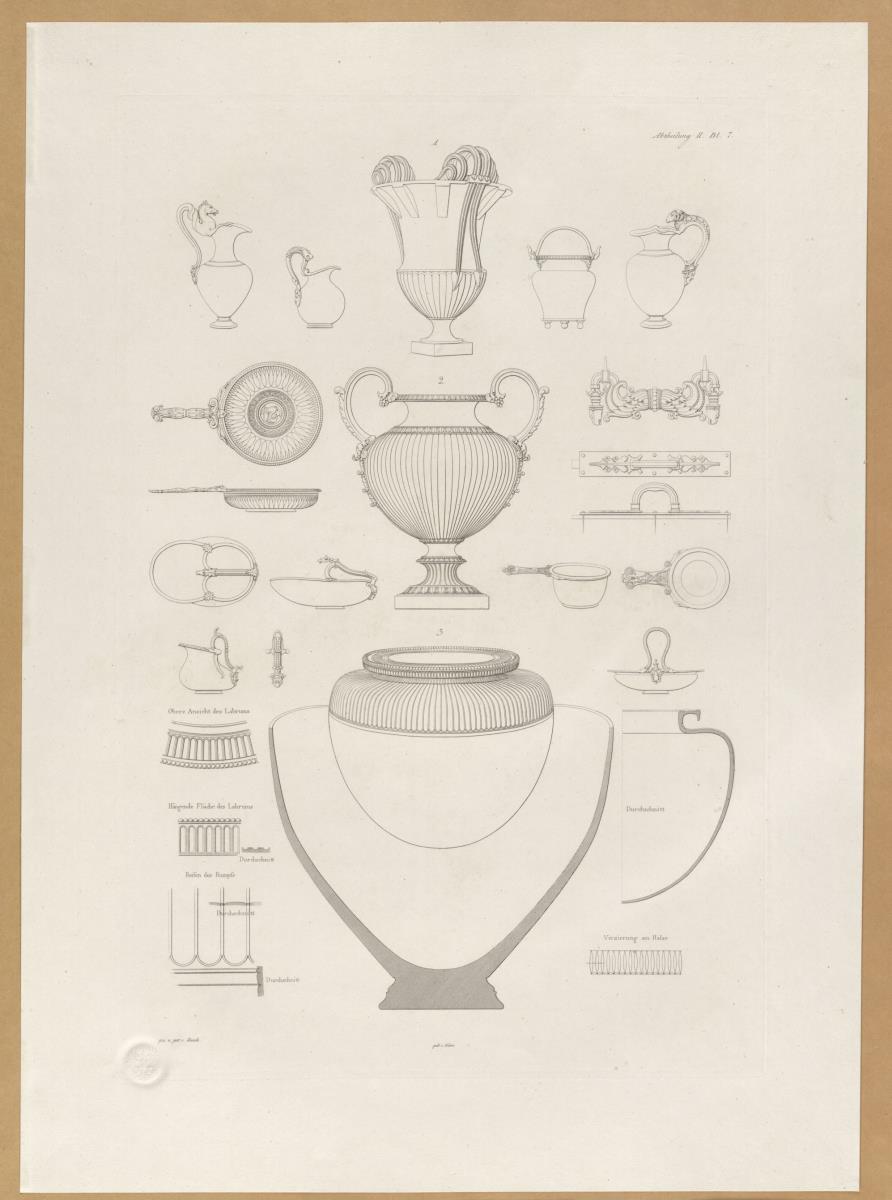 Vorbilder für Fabrikanten und Handwerker. Teil 1, Abteilung 2, Blatt 7: Römische Gefäße aus Marmor und Bronze mit Details