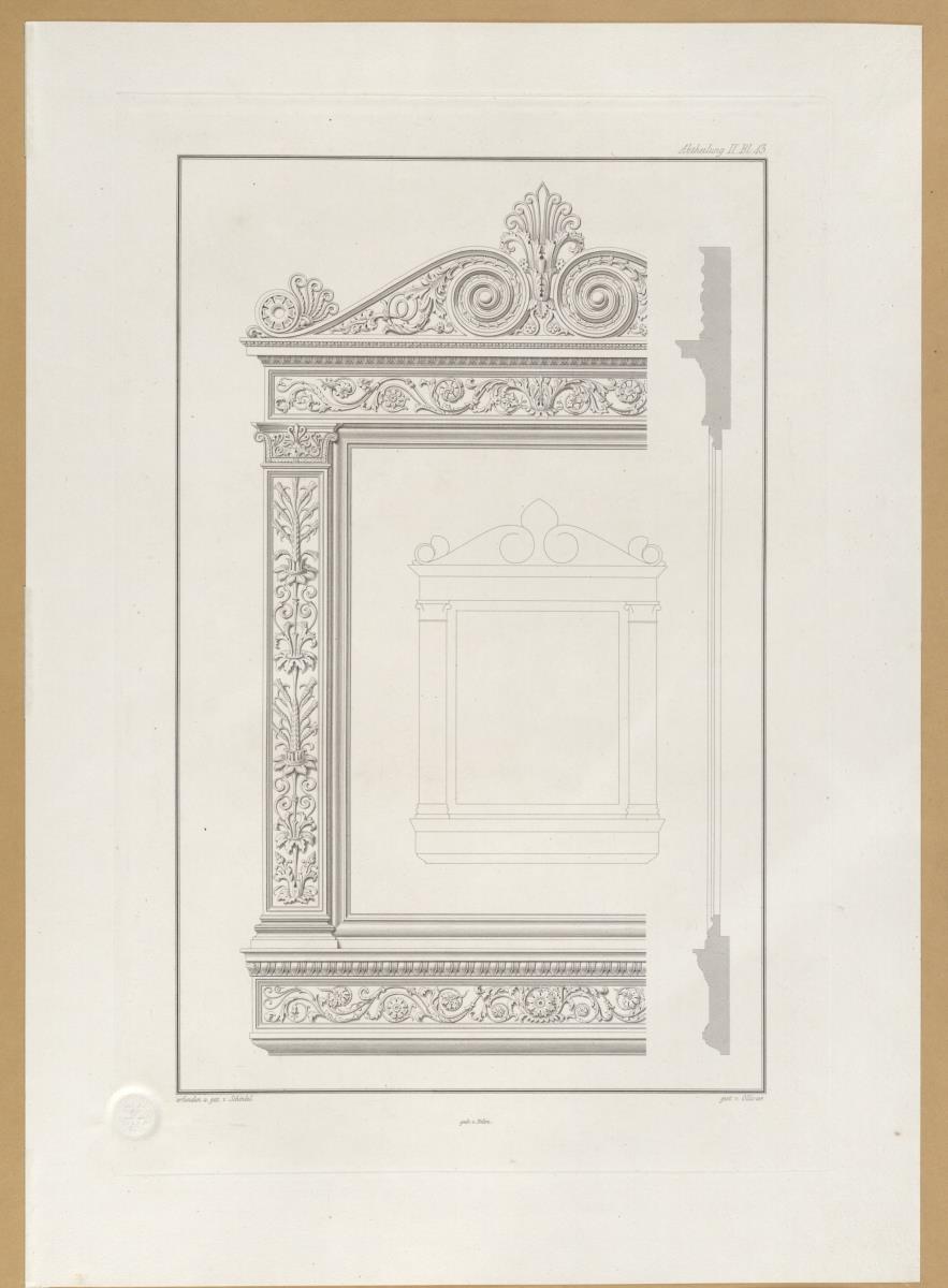 Vorbilder für Fabrikanten und Handwerker. Teil 2, Abteilung 2, Blatt 13: Entwurf für Rahmen für die Königliche Gemäldesammlung (Gemäldegalerie) im Königlichen Museum (Altes Museum) in Berlin